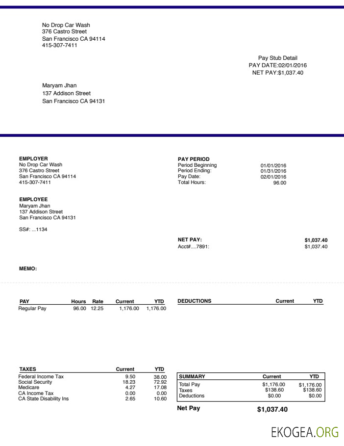 Modèle Word et PDF de fiche de paie pour le lavage de voiture